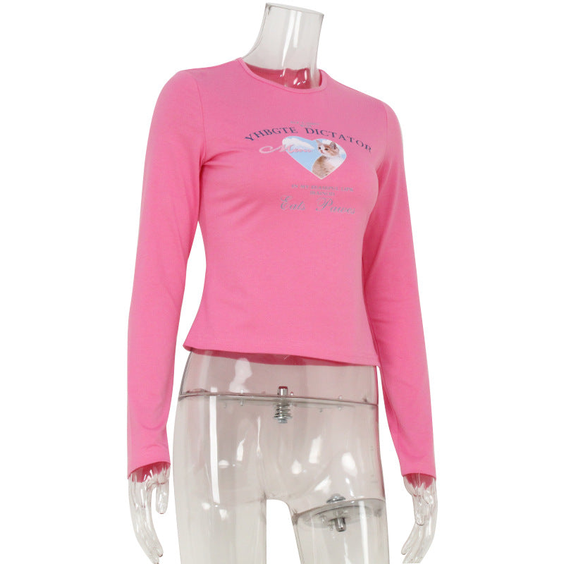 Spring Summer Pink Sweet Girl Girlish Tight Long Sleeve Cute Printed Sexy Sexy Top