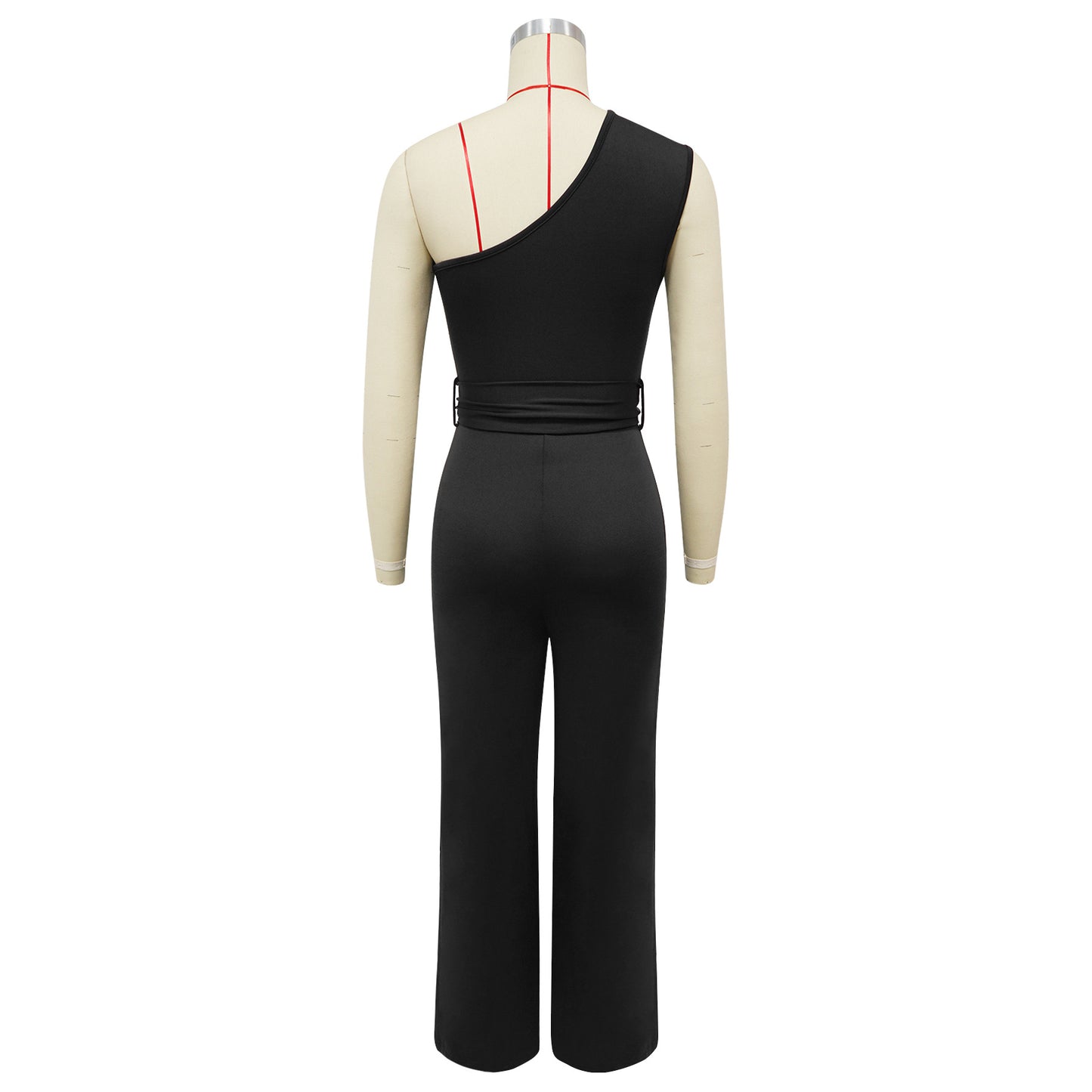 Women Wear Sleeveless Waist Tight Diagonal Collar Solid Color Jumpsuit