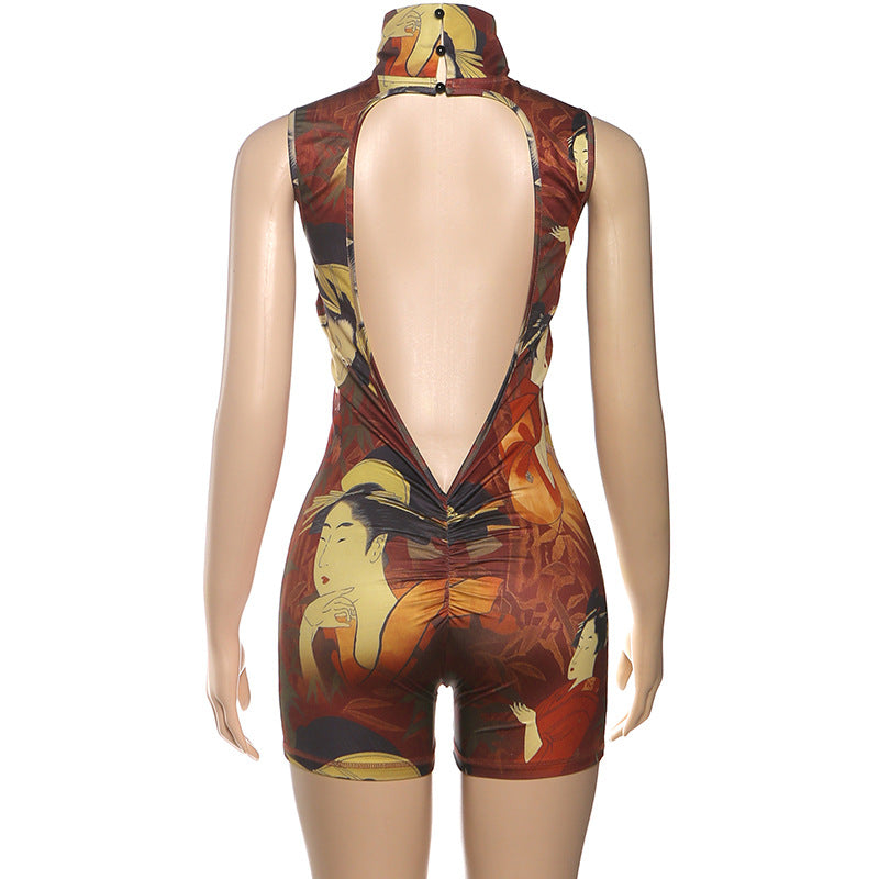 Women Autumn Winter Women Clothing Personalized Printing High Neck Sexy Slim Sleeveless Jumpsuit