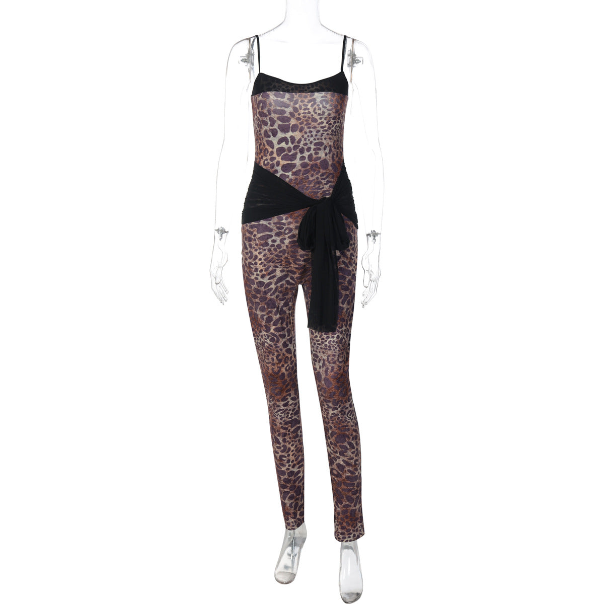 Women Clothing Winter Leopard Print Printed Mesh Lace up Slim Strap Jumpsuit Women