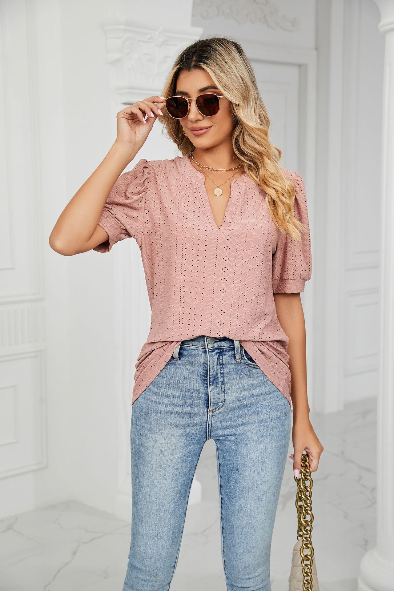 Summer Casual V Neck Solid Color Hollow Out Cutout Puff Sleeve Loose Fitting T Shirt Top Women