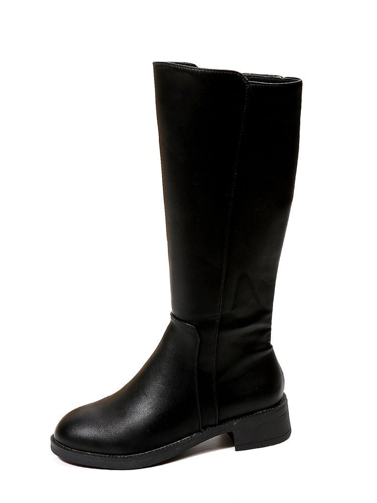 Round Toe Square Heel Slip on High Boots Women below the Knee Wellingtons Knight Boots