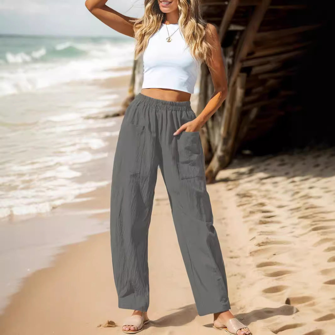 Women Clothing Autumn Winter Cotton Linen Casual Pants Vacation Elastic Waist