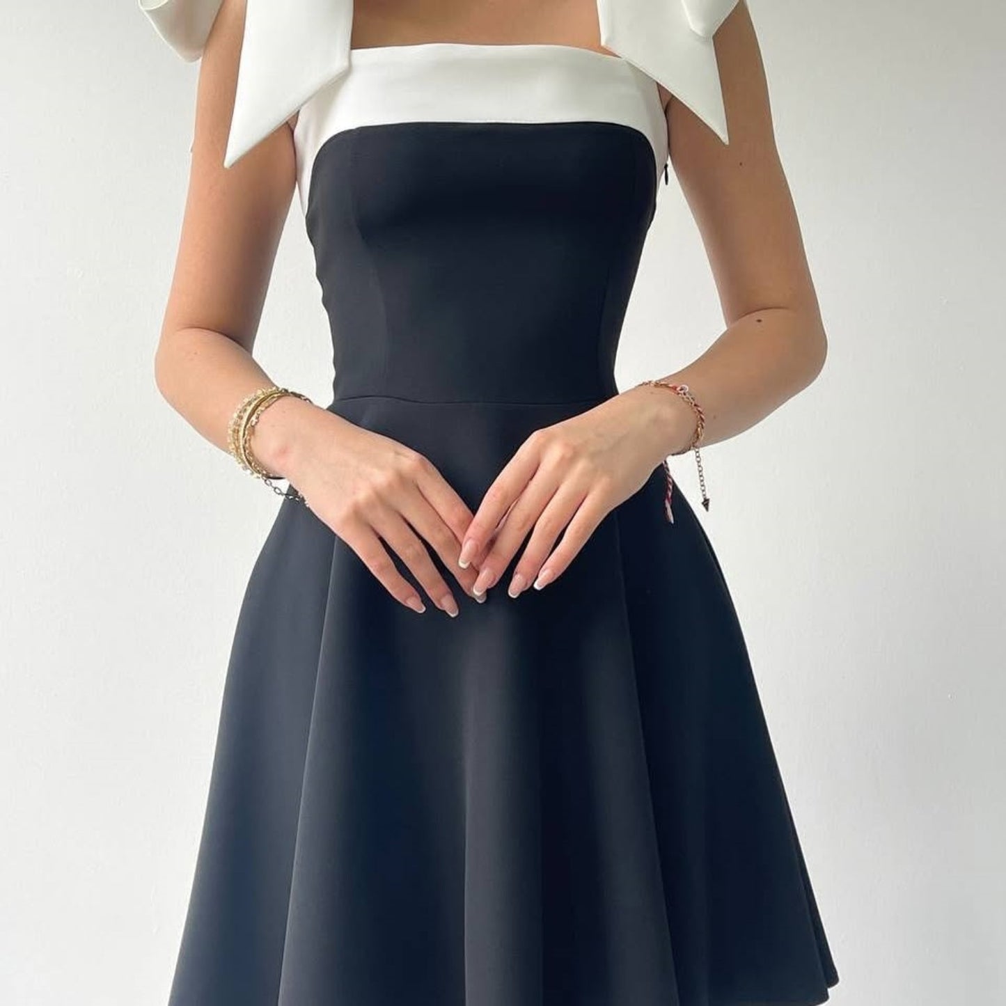 Summer Women Clothing Elegant Stitching Lace up Square Neck Cinched Slimming Dress