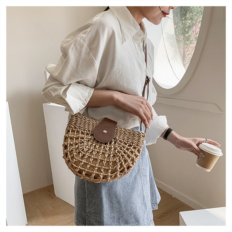 Fresh Hollow Out Cutout Semicircle Straw Bag Shoulder Crossbody Casual Straw Bag Woven Bag Vacation Beach Bag