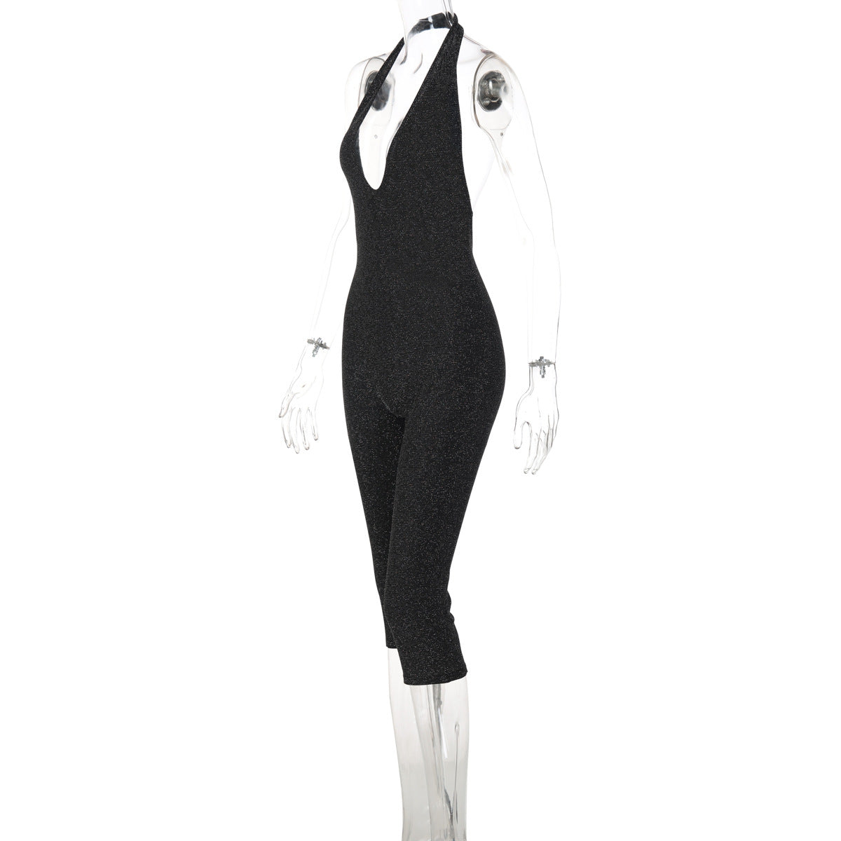 Women Winter Gold Silver Thread Sexy V neck Halter Slim Fit Backless Jumpsuit