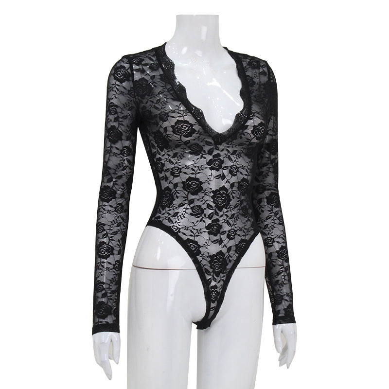 Women Clothing Sexy Lace See through Long Sleeve Tight Sexy Lace Sexy Jumpsuit Top