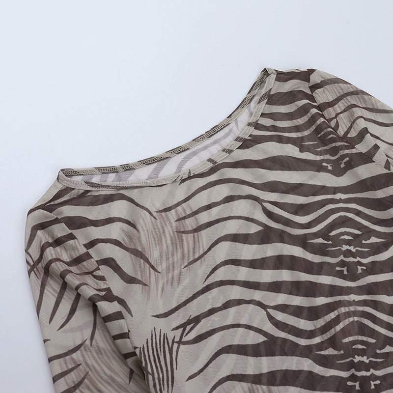 Zebra Print Long-Sleeved Top Women Autumn Sexy See through Sexy Leopard Print T shirt