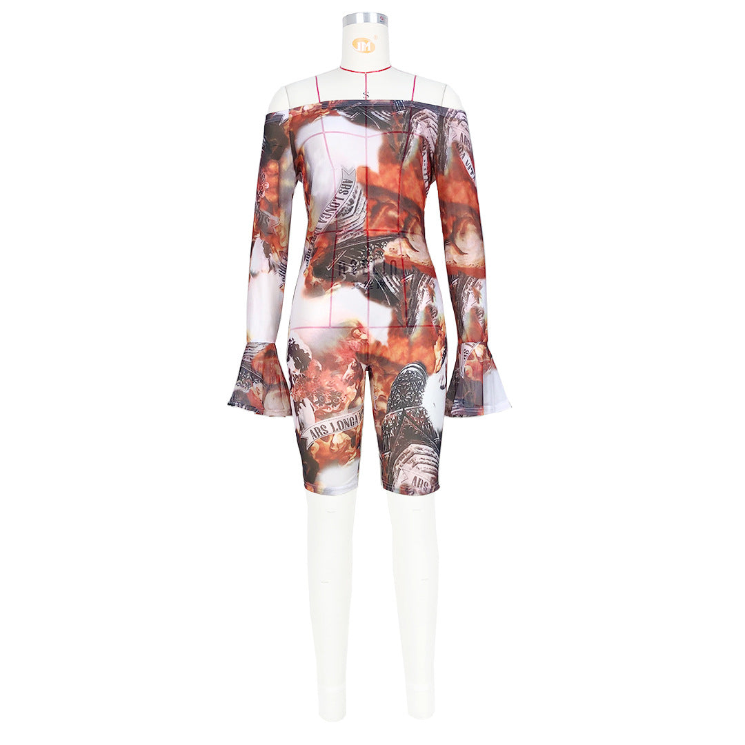 Women Clothing Nightclub Sexy Transparent Mesh Floral Print Bell Sleeve off Shoulder Jumpsuits