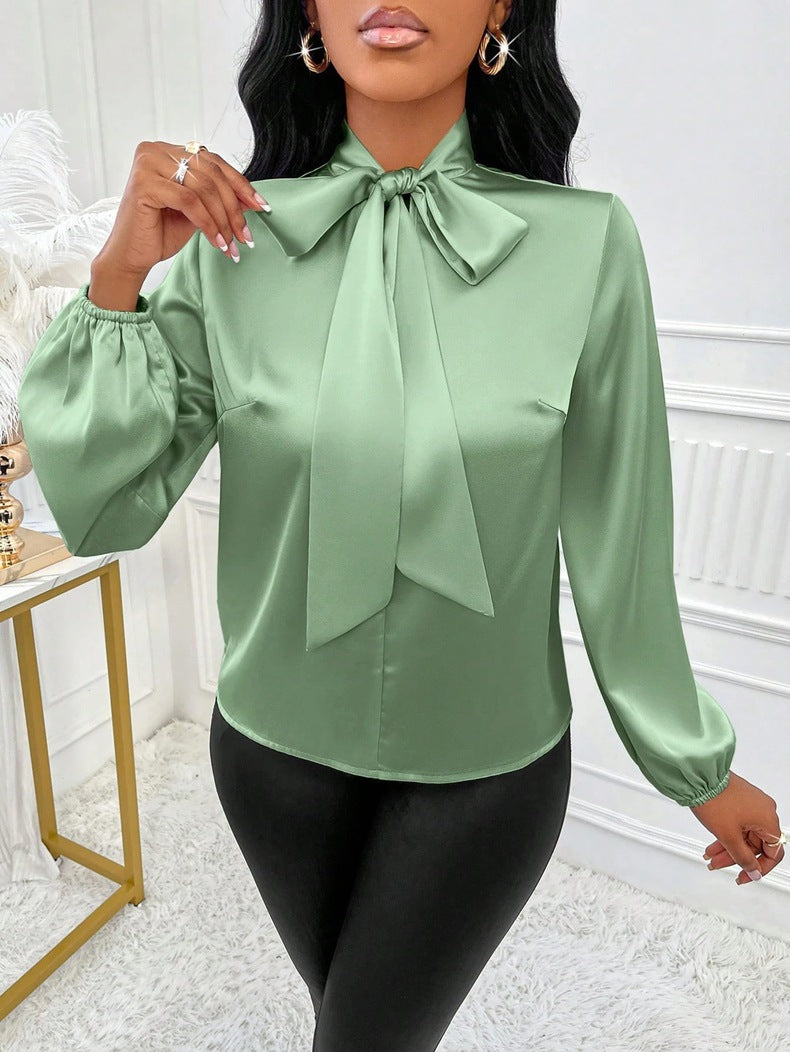 Women Clothing Autumn Satin Shirt Bow Long Sleeve Top