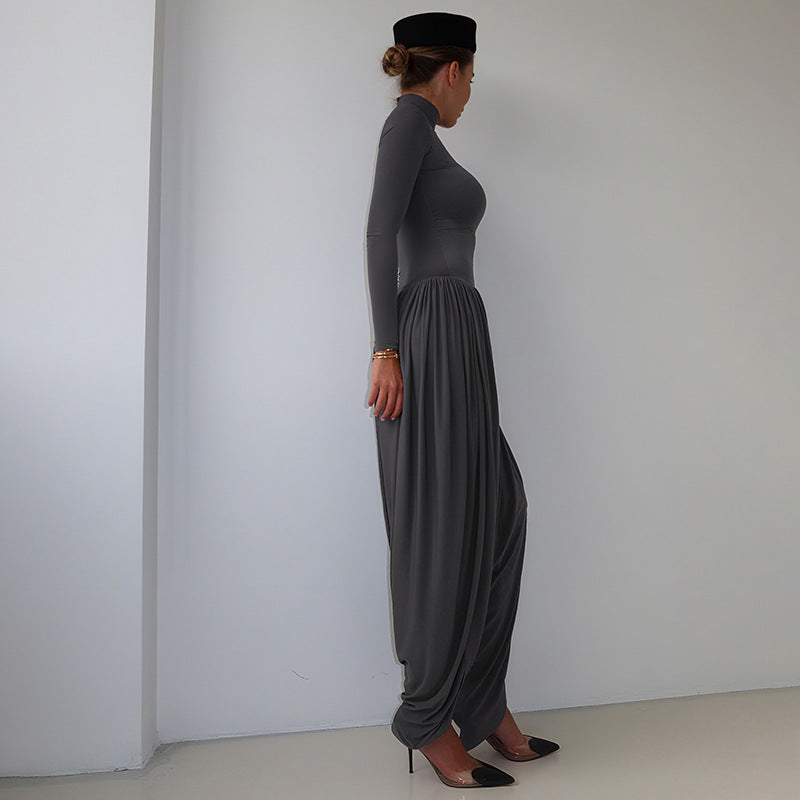 Fall Women Clothing Slim Fitting Cool Turtleneck Solid Color Long Sleeve Pleated High Waist One Piece Trousers Women