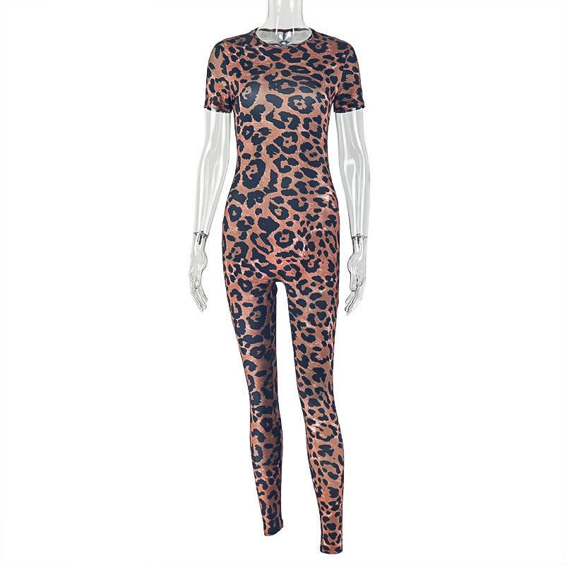 Personality Women Printed Wear Street Office Leopard Print Skinny Jumpsuit Short Sleeve Slim Jumpsuit