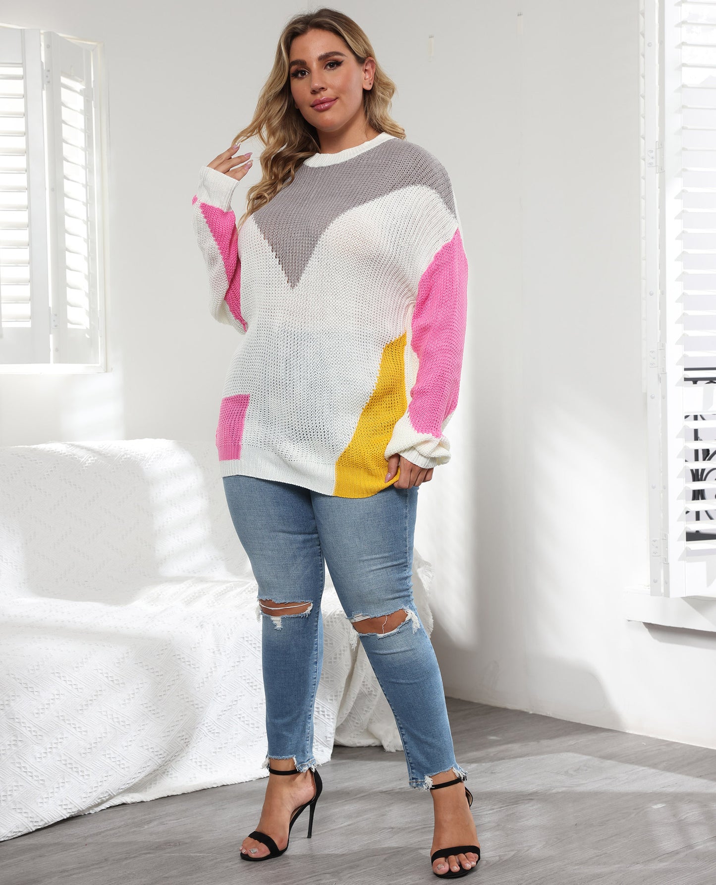 Plus Size Women Clothes Color Contrast Patchwork Loose Casual Pullover Sweater