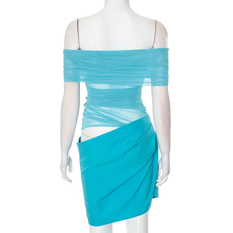 Women Clothing Mesh Stitching off Neck Transparent Slim Fit Sheath Dress