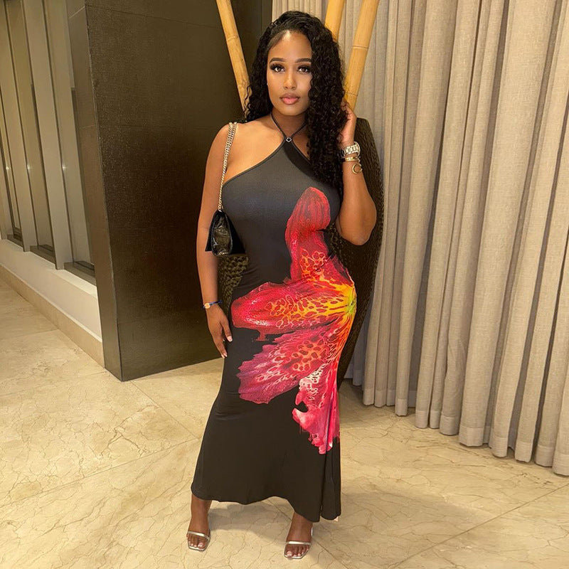 Women Floral Print Halter Lace up Sleeveless Backless Slim Fit Maxi Dress Women
