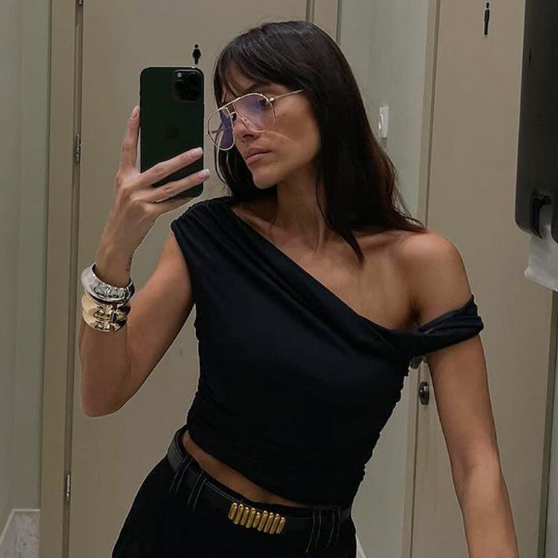 Women Clothing Summer Sexy One Shoulder Cold Shoulder Twist Design Pleated Slim T shirt