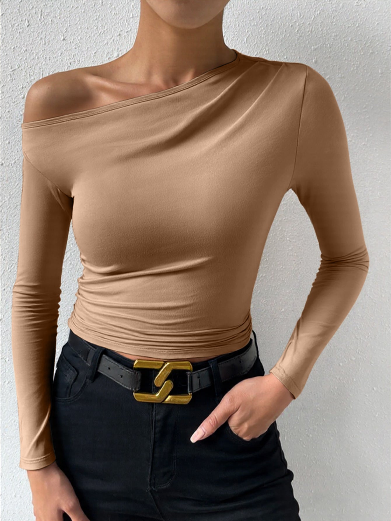 Sexy Oblique Shoulder Collar off the Shoulder Long Sleeve Slim Fit Wild Autumn Arrival T shirt Base