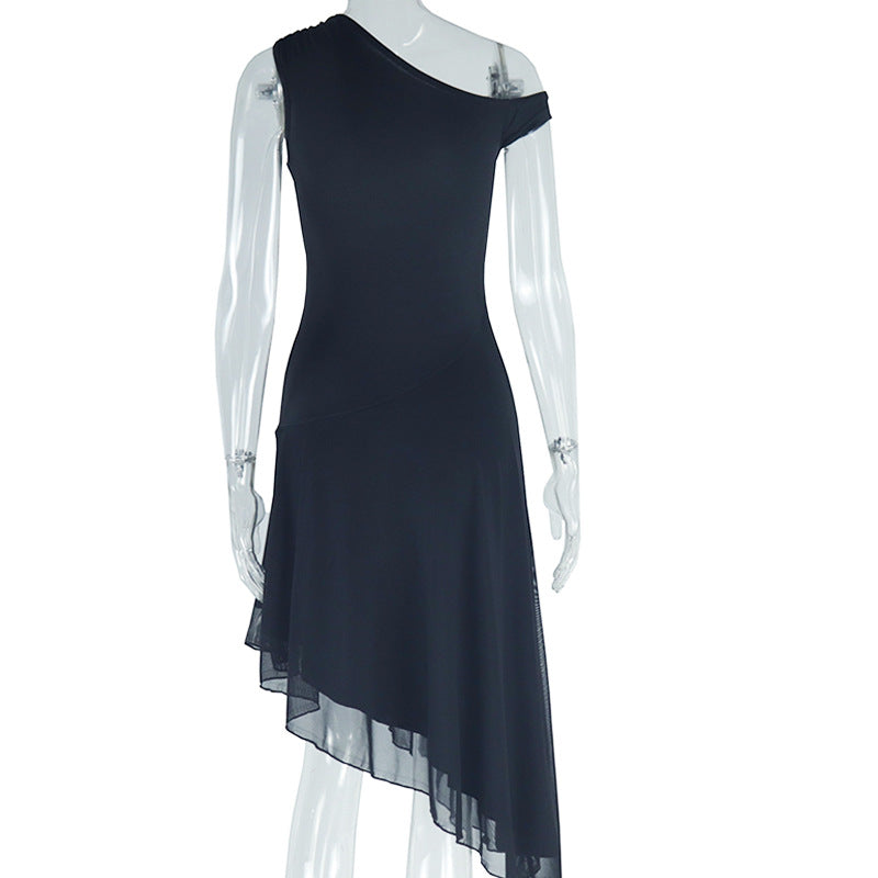 Women Clothing Solid Color Dress Diagonal Collar off Shoulder Sleeveless Irregular Asymmetric Dress
