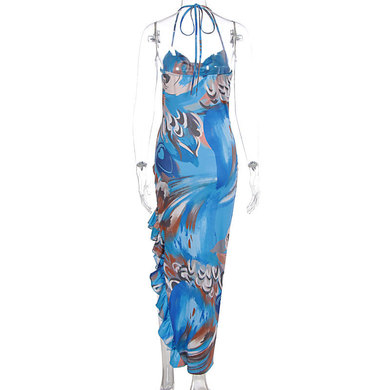 Summer Women Dress Sexy Halter Sleeveless Printed Dress
