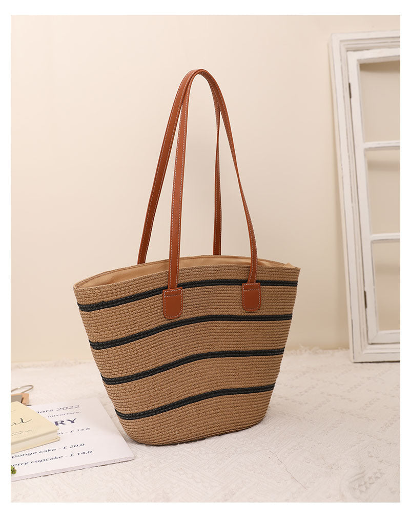 Striped Shoulder Straw Bag Woven Bag Summer Large Capacity Casual All Match Women Seaside Beach Rattan Woven Bag