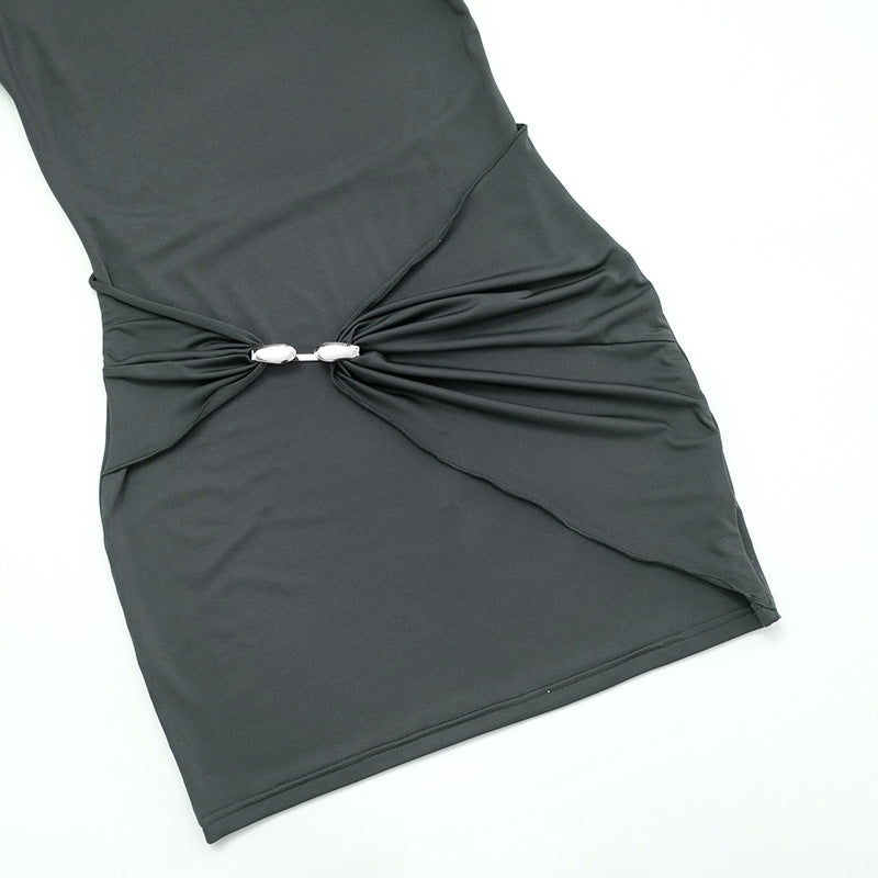 Women Autumn Winter Simple Graceful Slim Sheath Fitted Waist Solid Color Short Dress