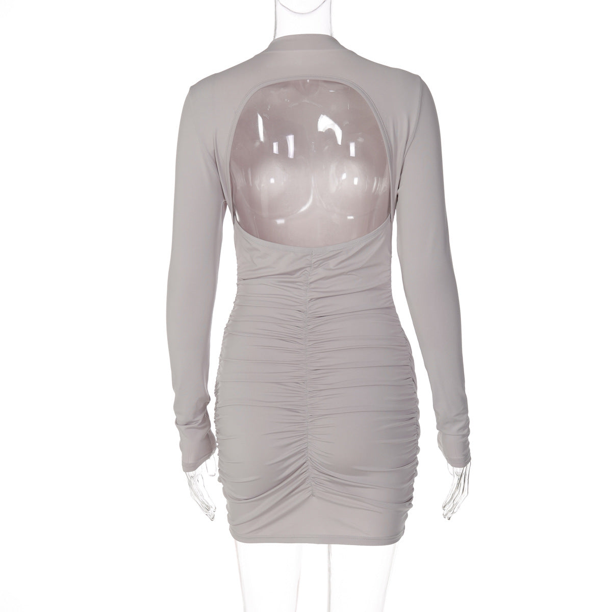 Women Clothing Solid Color Long Sleeve round Neck Pleated Slim Fit Backless Dress for Women