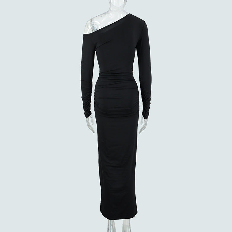 Sexy Women Clothing Sloping-Shoulder off the Shoulder Long Sleeve Slim Fit Pleated Long Socialite Dress