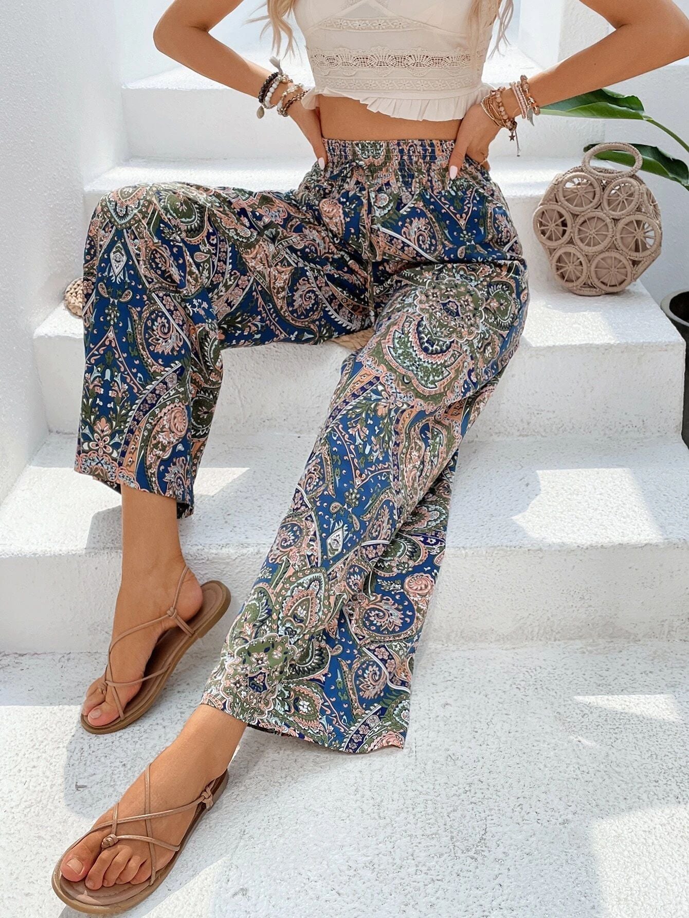 Women Clothing Summer All Match Printed Elastic Waist Wide Leg Pants