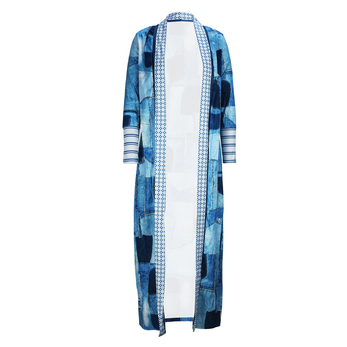Casual Women Wear Imitation Denim Printed Long Trench Coat Cardigan Coat
