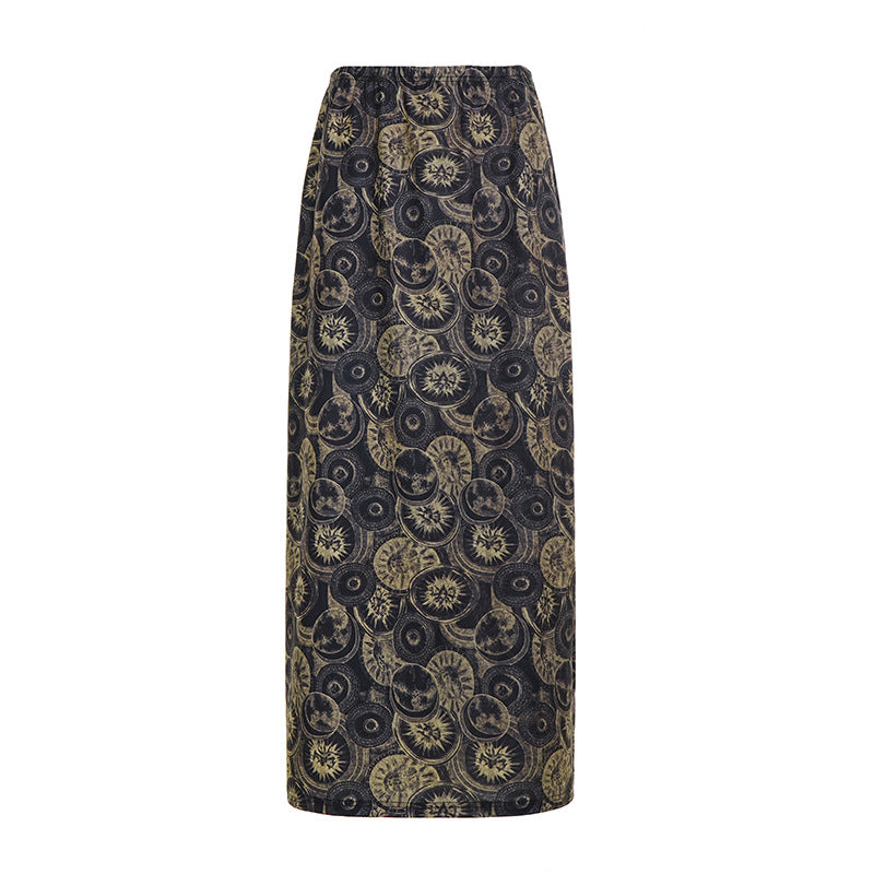 Ethnic Print Distressed Retro High Waist Cover Slimming Spring Summer Elegant Circle Maxi Skirt