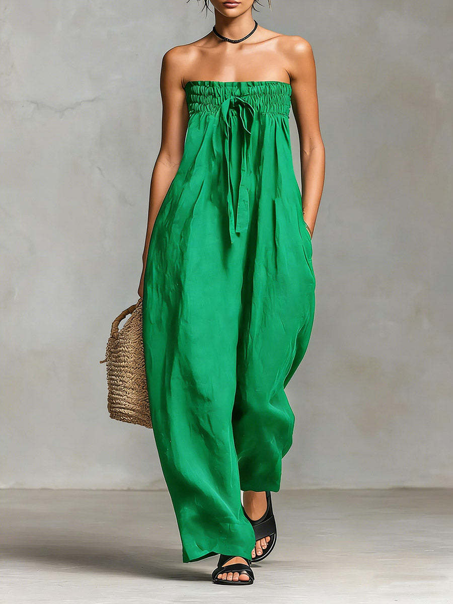 Women Spring Clothing Lace up Tube Top Smocking Jumpsuit Strapless