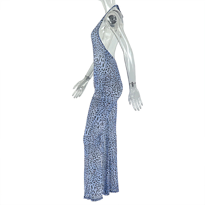 Leopard Print Women Wear Print Micro Transparent Niche Jumpsuit Halter U Collar Sheath Jumpsuit