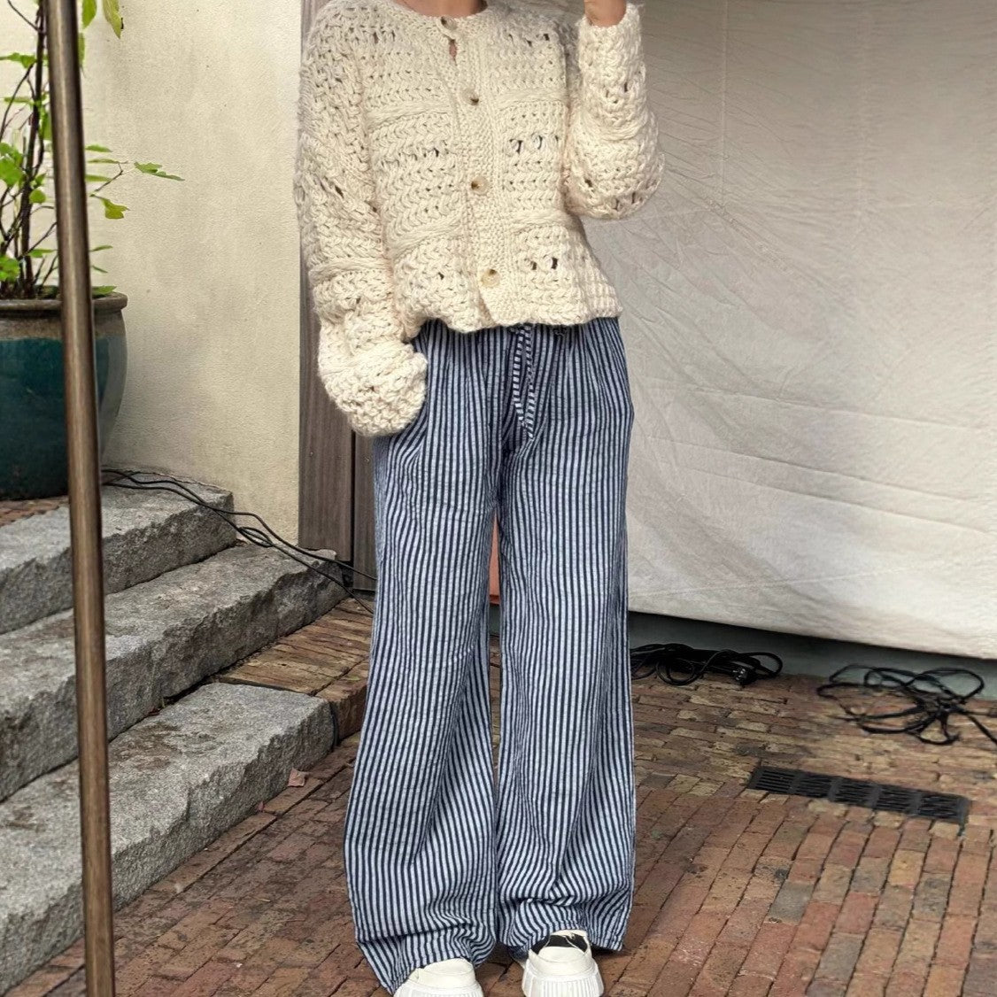 Thin Striped Printed Women Casual Pants Summer Drawstring Straight Loose Wide Leg Mop Pants