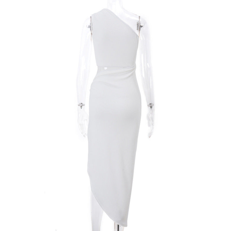 Spring Sexy Shoulder Faux Two Piece Slim Fit Hollow Out Cutout High Waist Slit Dress