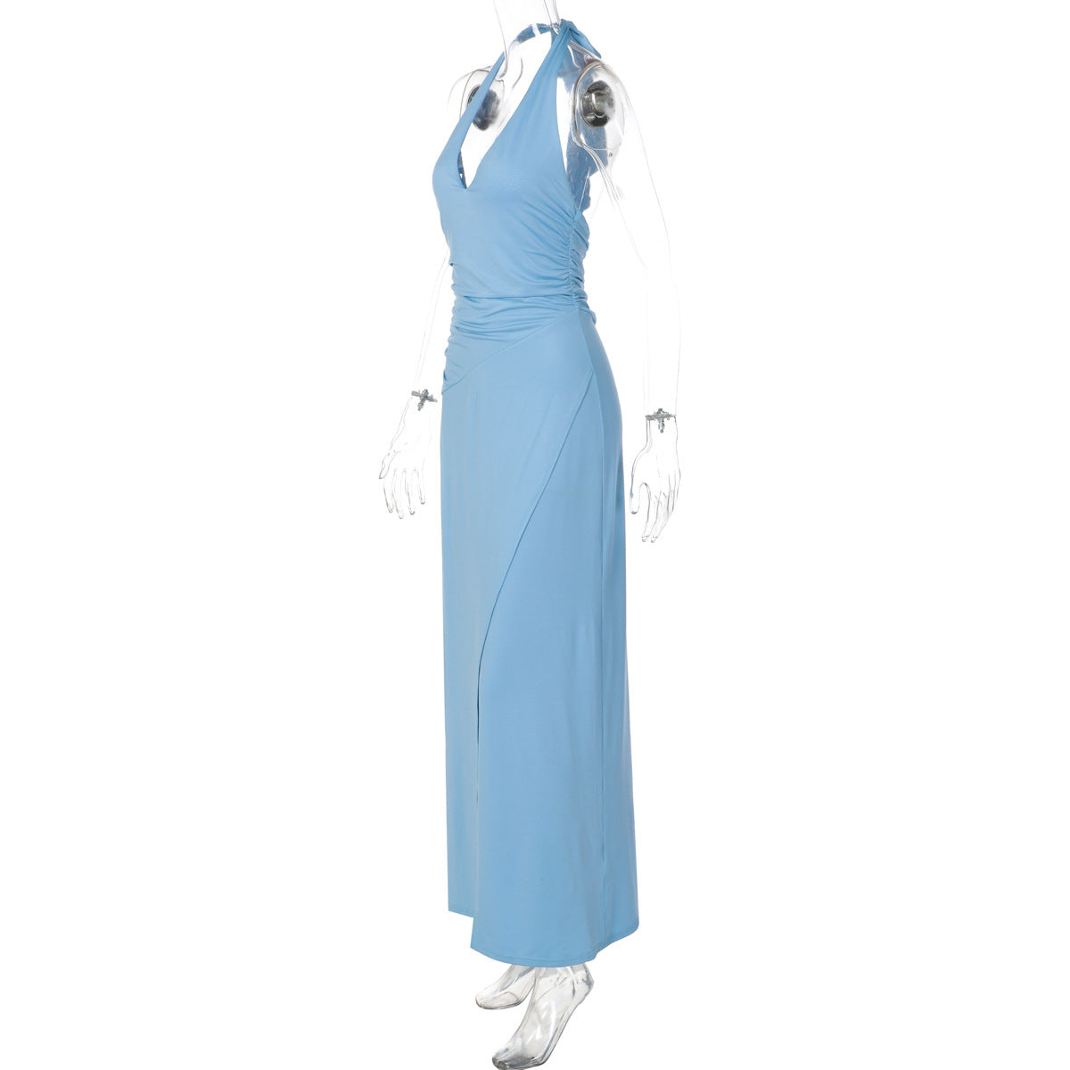 Women Clothing Sexy V neck Solid Color Sleeveless Halter Lace-up Backless Pleated Waist Tight Slimming Slit Dress