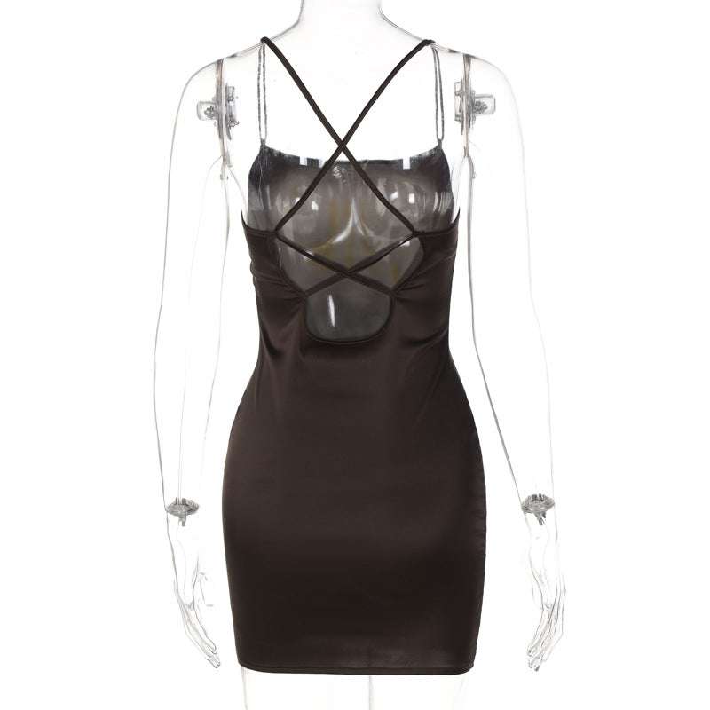 Women Clothing Spring Nightclub Dress Satin off Neck Sexy Backless Sheath Dress