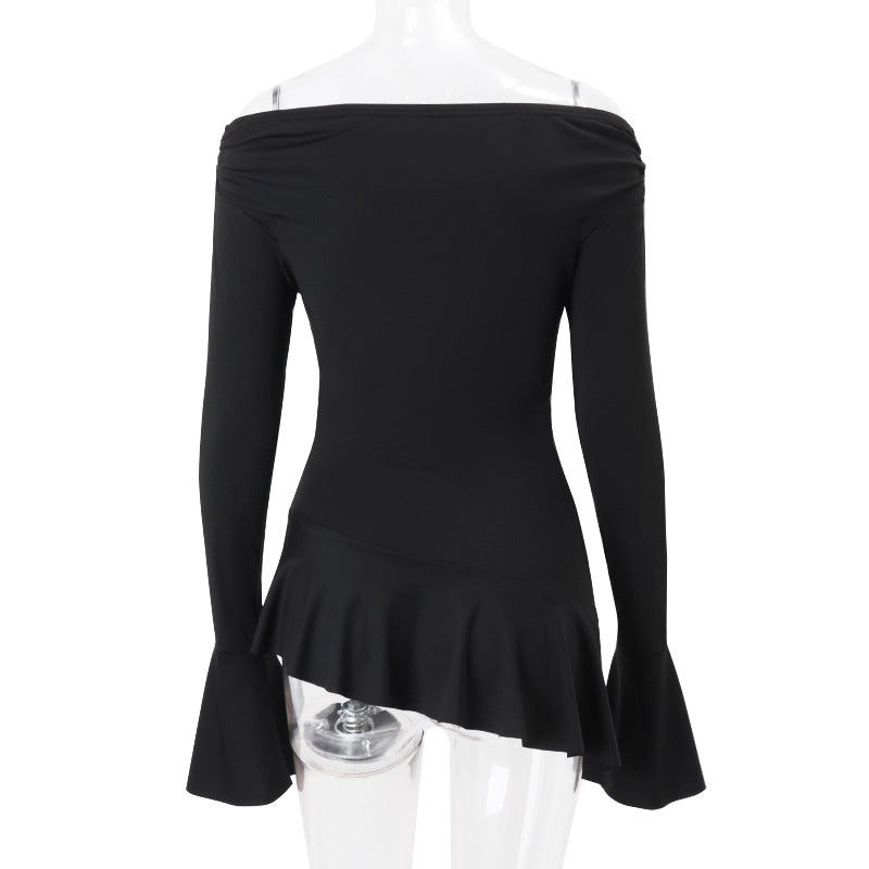 Women Clothing Spring Summer off Shoulder Bell Sleeve Long Sleeved Fitted T shirt Top Women