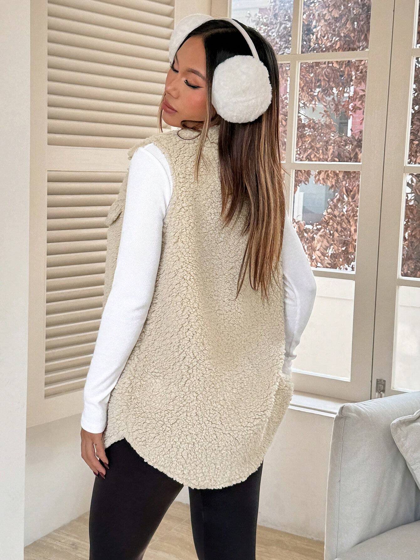 Fall Winter Lapels Open Buckle Plush Vest Cardigan Loose Office Faux Cashmere Women
