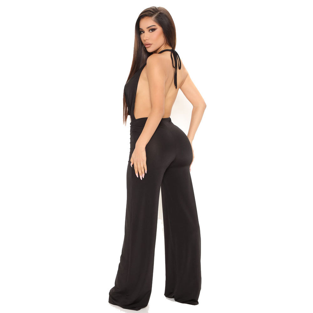 Summer Sexy Women Clothing Deep V Plunge Halter Backless Waist Wide Leg Jumpsuit