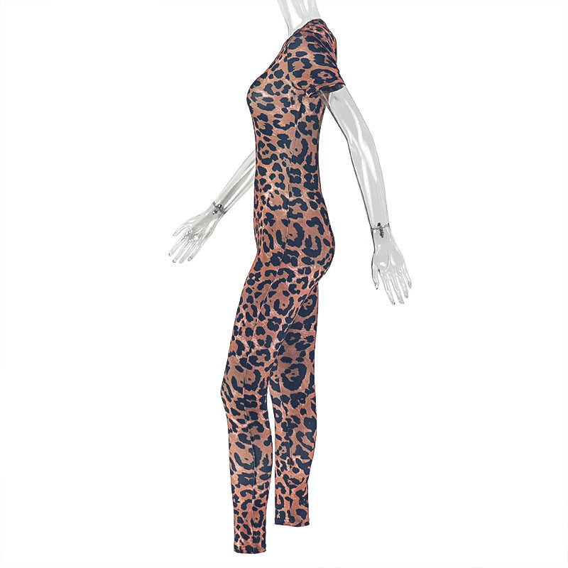 Personality Women Printed Wear Street Office Leopard Print Skinny Jumpsuit Short Sleeve Slim Jumpsuit