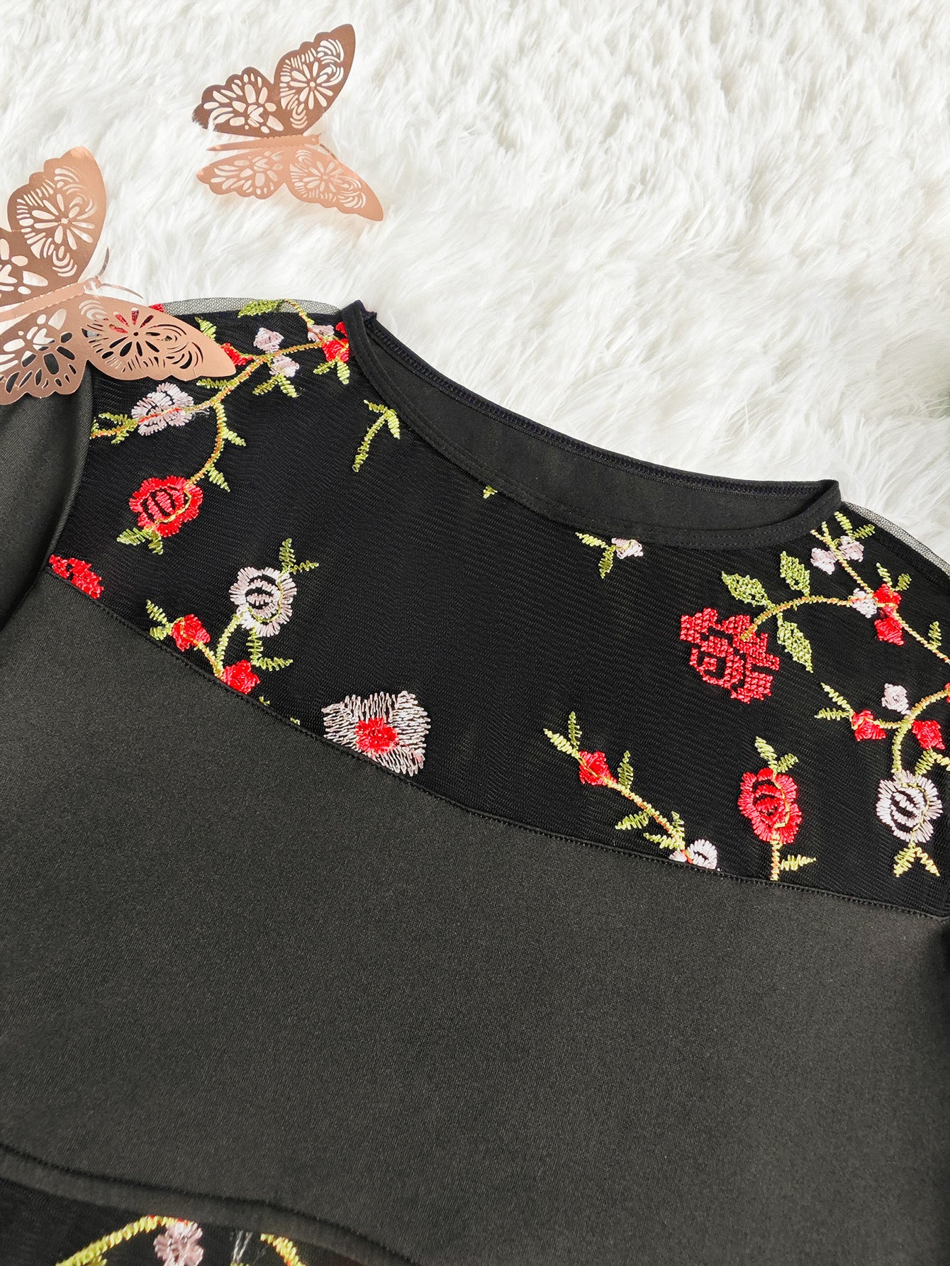Sexy Mesh Transparent Embroidered Floral One Piece Long Sleeve Top All Match Jumpsuit