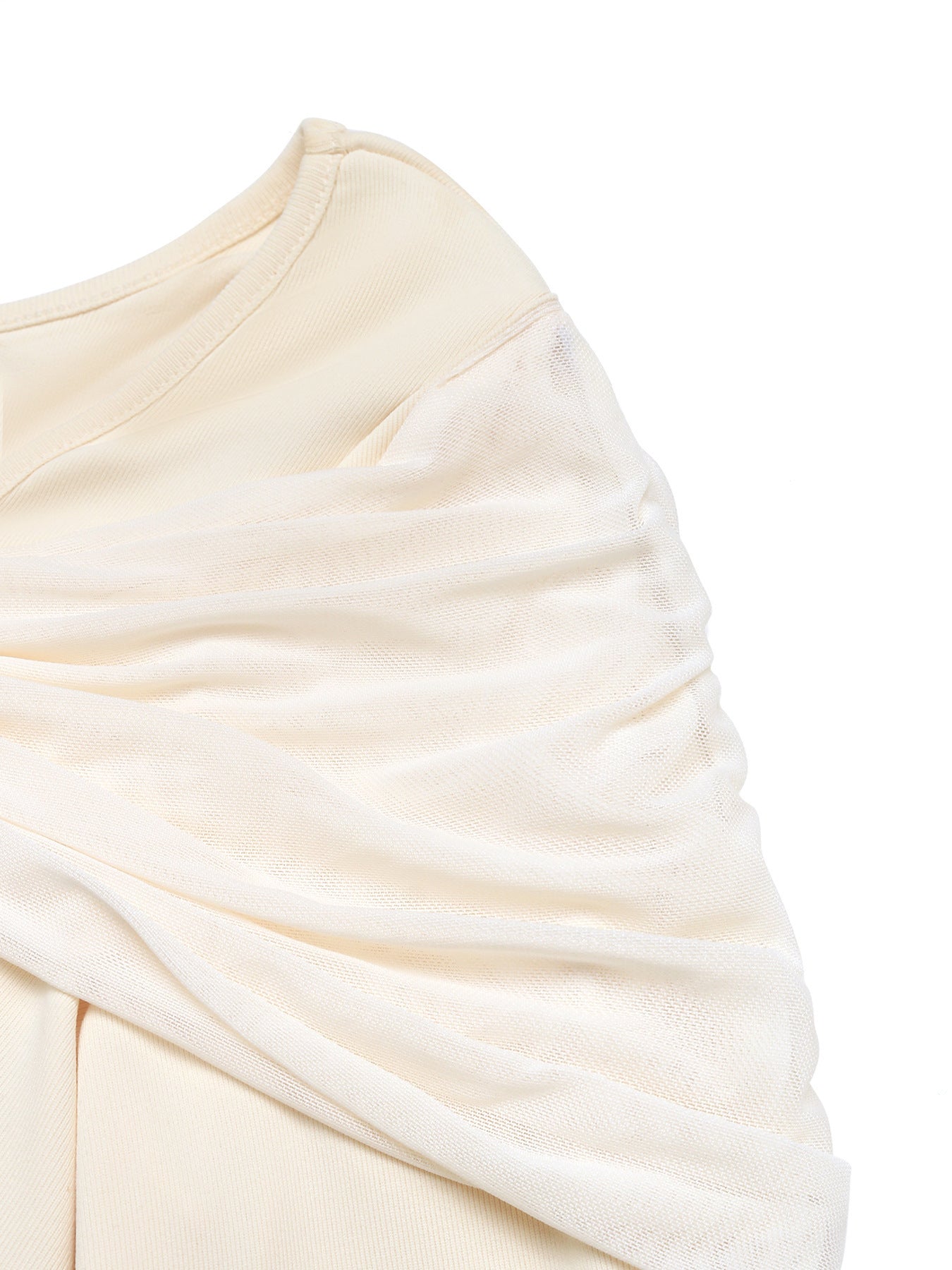 French Patchwork Cold Shoulder T shirt Women Ladies Elegant Pleated Design Slim Fit Sexy Long Sleeve Top