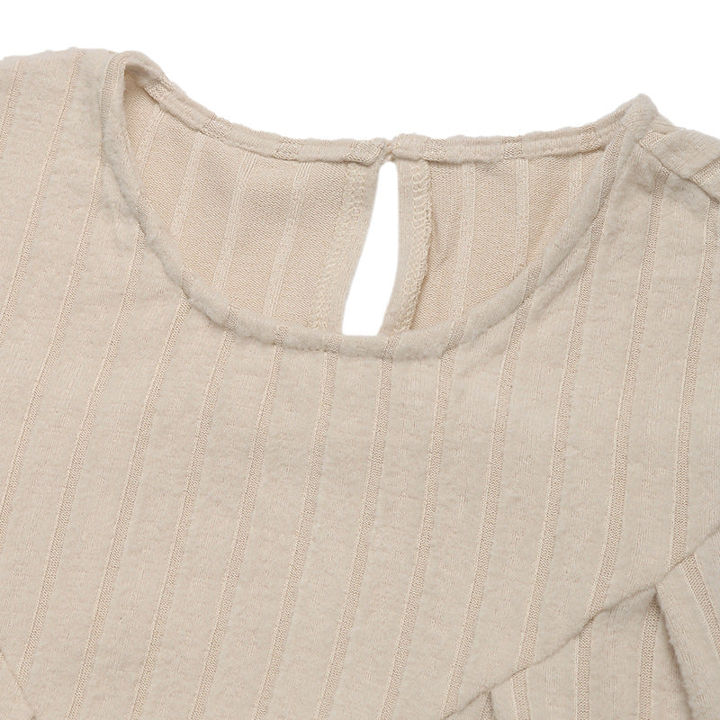 Autumn Winter Brushed Sunken Stripe Knitted Dress Long Sleeve Dress Pleating Stitching Dress