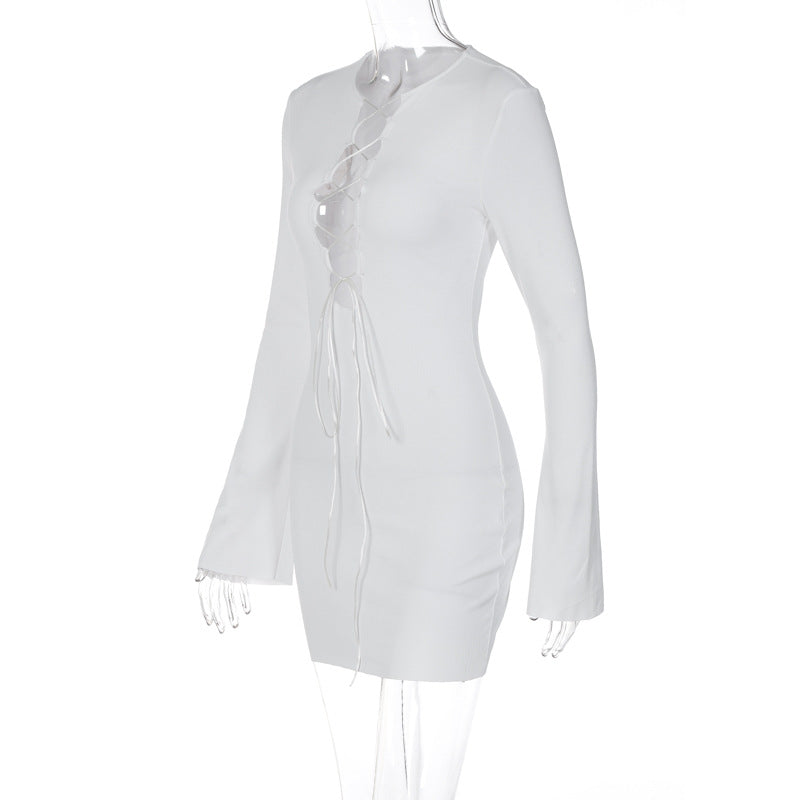 Fall Women Chest Lace up Sexy Low Cut Solid Color Round Neck Long Sleeve Narrow Dress