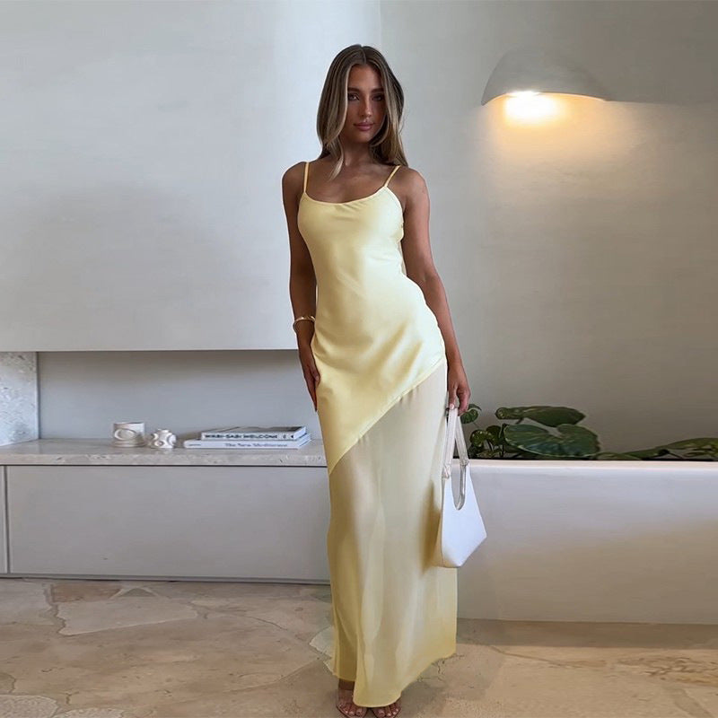 Fall Maxi Dress Classic Elegant Slim Satin Stitching Mesh Spaghetti Strap Dress