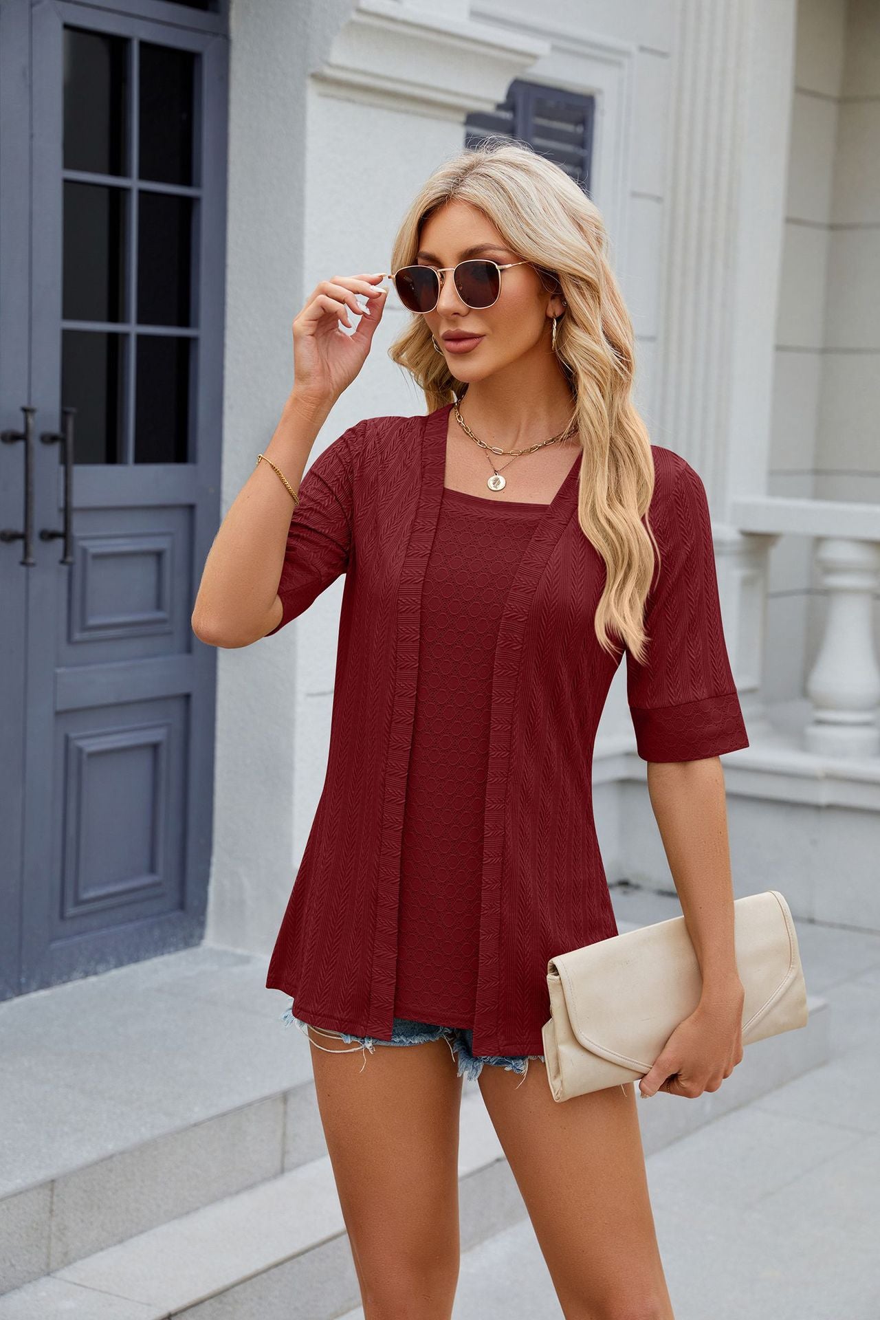 Spring Summer Solid Color Square Collar Stitching Half Sleeve T Shirt Top