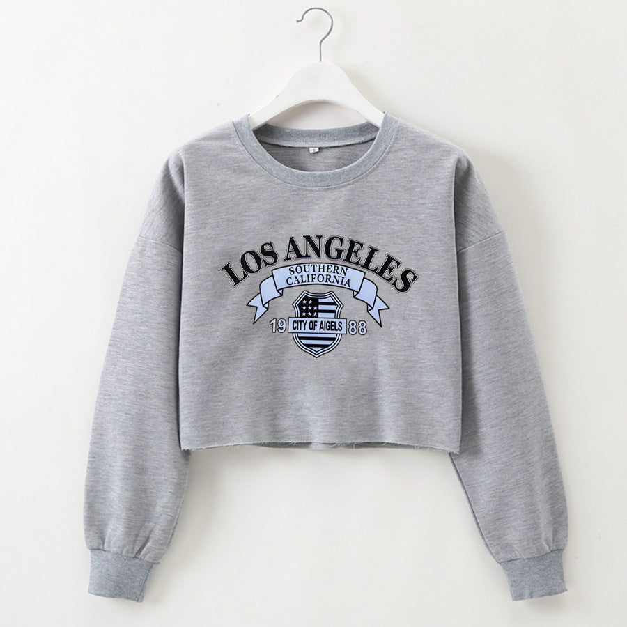 Women Clothing Autumn Winter Los Angeles Letter Graphic Printed Short Long-Sleeved Sweatshirt