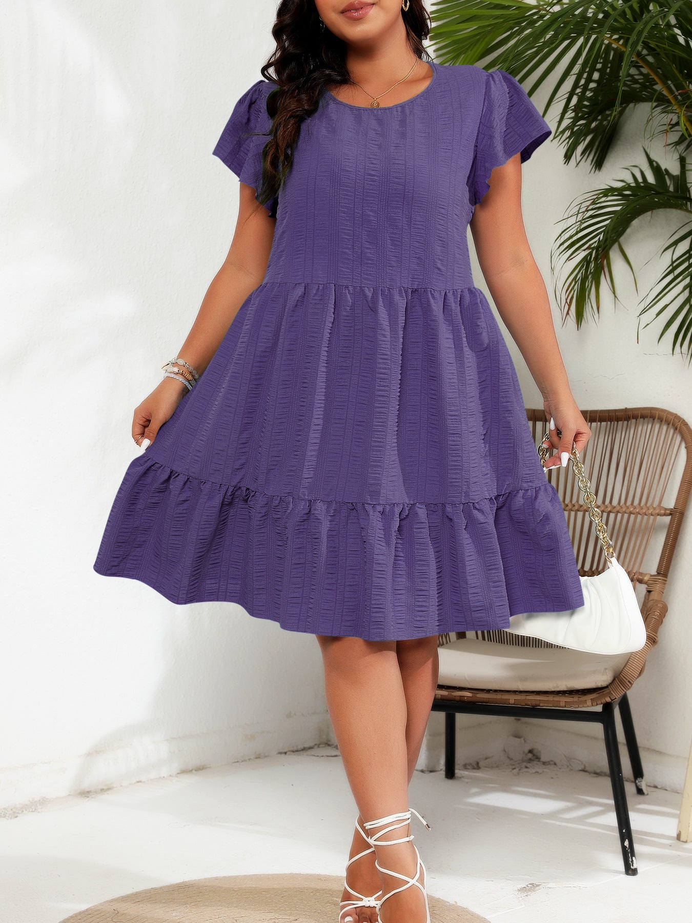 Plus Size round Neck Ruffle Sleeve Waist Tight Vacation Casual Dress