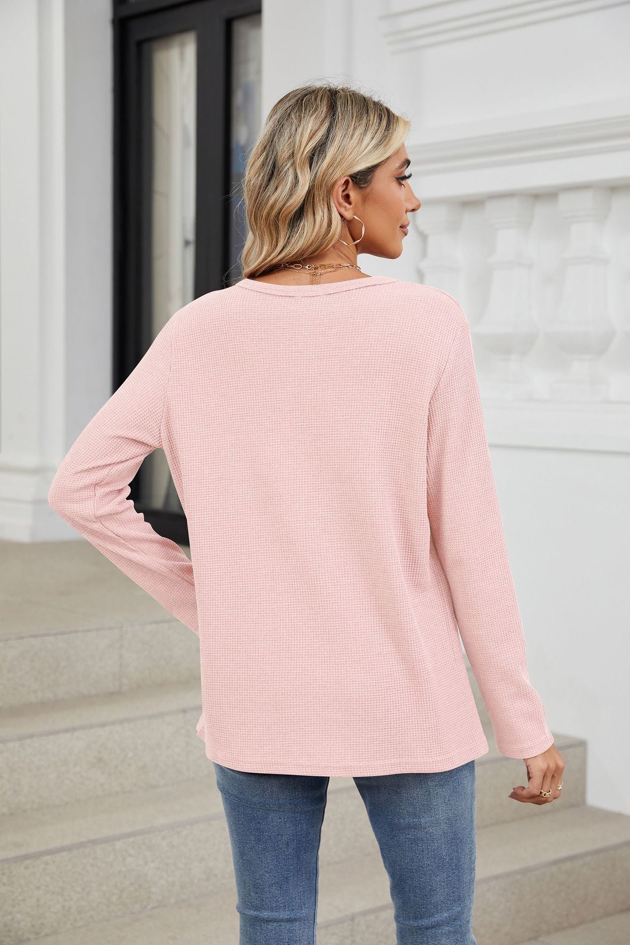Spring Autumn Loose Fitting V Neck Long Sleeves Solid Color Casual T Shirt Top Women