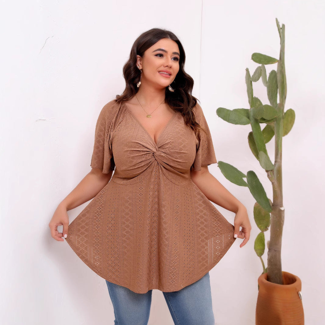 Plus Size Solid Color Hollow Out Cutout-out Front Chest Twisted Waist V-neck Short Sleeve Large Swing Top